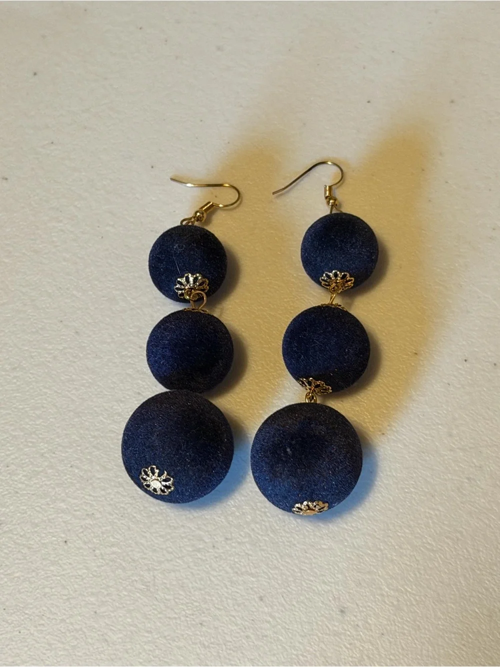 Velvet Navy Blue Ball Drop Dangle Earrings - Navy Blue